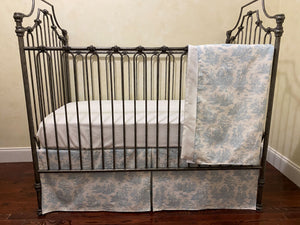 Blue Toile Crib Bedding, Baby Boy Crib Bedding, Toile Rail Cover, Tailored Pleated Crib Skirt