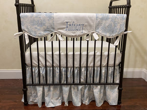 Blue Toile Mini Crib Bedding - Boy, Girl, Gender Neutral Mini Crib Baby Bedding