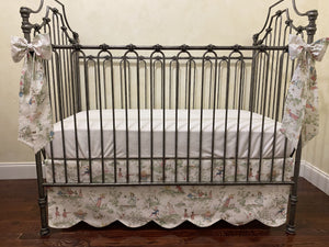 Nursery Rhyme Toile Crib Bedding, Scalloped Crib Skirt, Crib Rail Cover