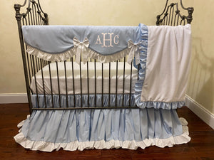 Pale Light Blue Crib Bedding, Boy Crib Bedding, Girl Crib Bedding, Scalloped Crib Rail Cover, Gathered Crib Skirt