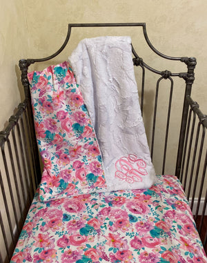 Mermaid Floral Crib Sheet & Blanket Set - Crib Bedding, Baby Girl Crib Sheet, Baby Blanket, Bright Pink Floral Crib Bedding , Personalized Blanket