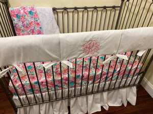 Baby Girl Mermaid Floral Crib Bedding- Girl Floral Baby Bedding in Bright Pink and Aqua