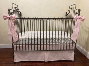 Pink Gingham, Pink & Green Floral Stripes Baby Girl Crib Bedding, Crib Rail Cover, Gingham Crib Skirt