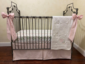 Pink Gingham, Pink & Green Floral Stripes Baby Girl Crib Bedding, Crib Rail Cover, Gingham Crib Skirt