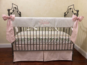 Pink Gingham, Pink & Green Floral Stripes Baby Girl Crib Bedding, Crib Rail Cover, Gingham Crib Skirt