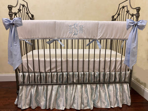 White with Blue and Green Floral Stripes Crib Bedding, Boy Baby Bedding, Rail Cover, Gathered Crib Skirt