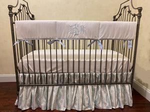 White with Blue and Green Floral Stripes Crib Bedding, Boy Baby Bedding, Rail Cover, Gathered Crib Skirt