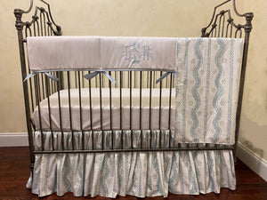 White with Blue and Green Floral Stripes Crib Bedding, Boy Baby Bedding, Rail Cover, Gathered Crib Skirt