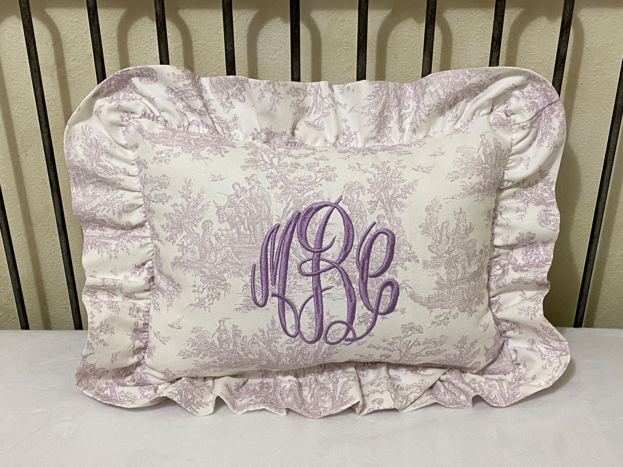 Lavender Toile Accent Pillow with Ruffle