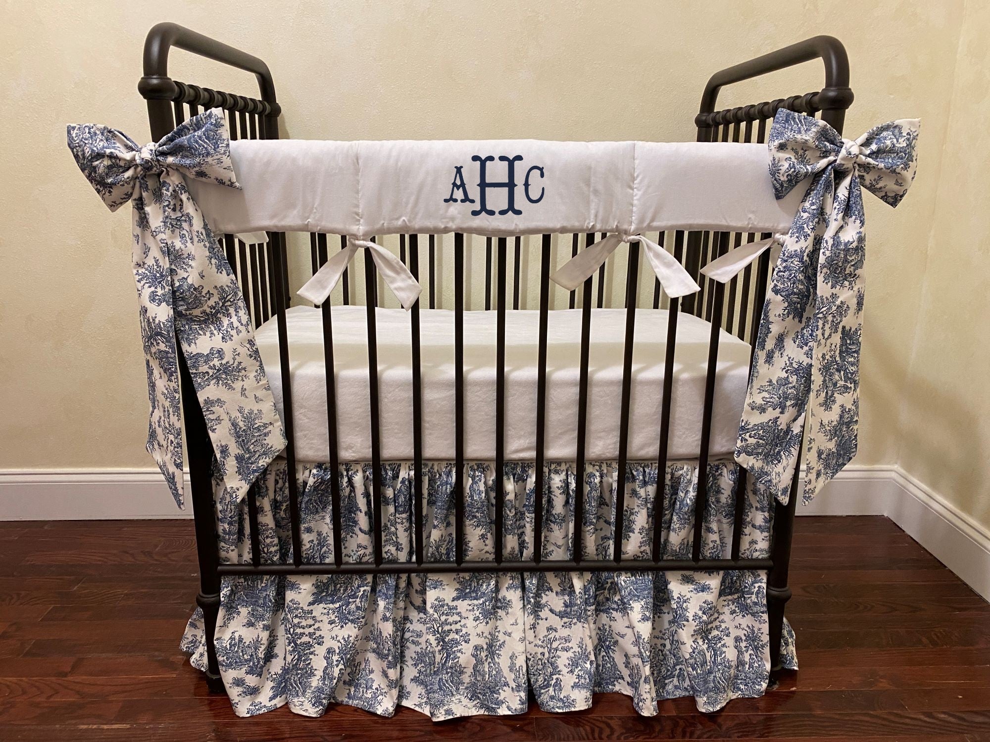 Navy Blue Toile with White Mini Crib Bedding Boy, Girl, Gender