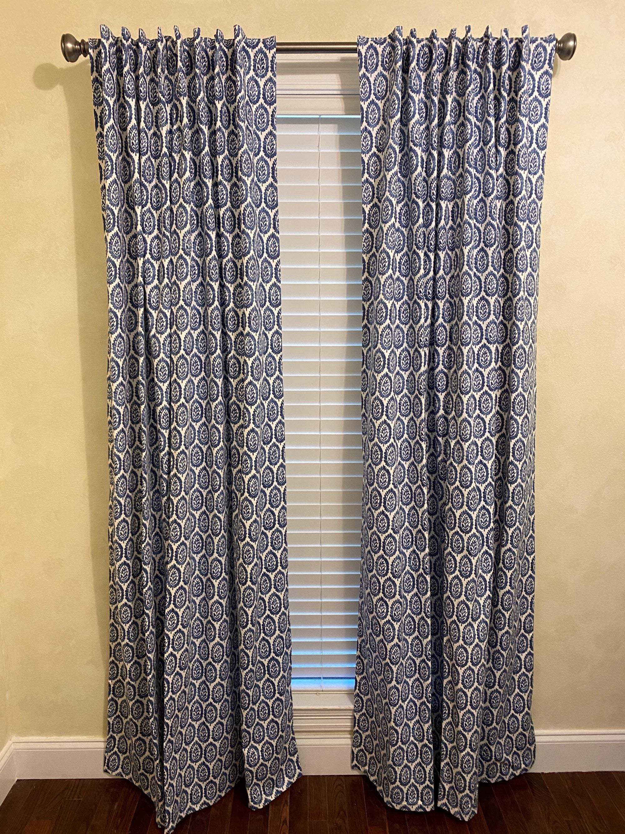 Blue and White Leaf Pattern Curtain Panels