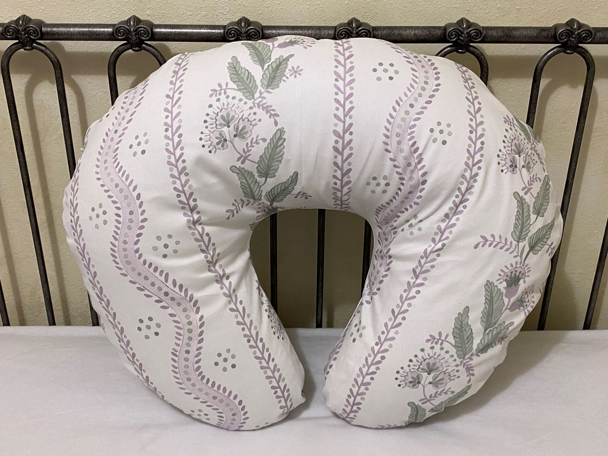 Baby Girl Nursing Pillow Cover, Stripes and Vines Nursing Pillow Cover in Lavender and Soft Green