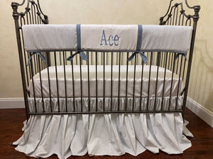 Blue Ticking Stripe Crib Bedding, Baby Boy Crib Bedding