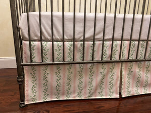 Pink & Green Floral Stripes Baby Girl Crib Bedding, Crib Rail Cover, Floral Stripes Crib Skirt