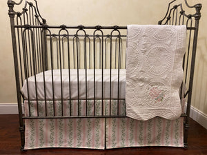 Pink & Green Floral Stripes Baby Girl Crib Bedding, Crib Rail Cover, Floral Stripes Crib Skirt