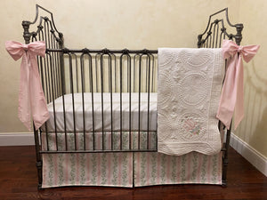 Pink & Green Floral Stripes Baby Girl Crib Bedding, Crib Rail Cover, Floral Stripes Crib Skirt