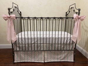 Pink & Green Floral Stripes Baby Girl Crib Bedding, Crib Rail Cover, Floral Stripes Crib Skirt