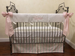 Pink & Green Floral Stripes Baby Girl Crib Bedding, Crib Rail Cover, Floral Stripes Crib Skirt