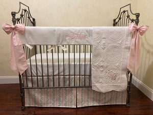 Pink & Green Floral Stripes Baby Girl Crib Bedding, Crib Rail Cover, Floral Stripes Crib Skirt