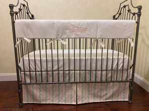 Pink & Green Floral Stripes Baby Girl Crib Bedding, Crib Rail Cover, Floral Stripes Crib Skirt