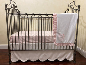 Baby Girl White and Pale Pink Crib Bedding, Crib Rail Cover, Scallop Crib Skirt