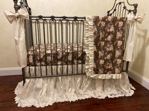 Vintage Floral Olive Green with Lace Crib Bedding, Girl Crib Bedding, Floral Baby Bedding