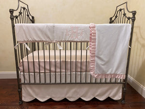 Baby Girl White and Pale Pink Crib Bedding, Crib Rail Cover, Scallop Crib Skirt