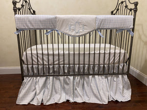 Pale Blue Gingham Boy Baby Bedding, Boy Crib Bedding, Single Scallop Crib Rail Cover