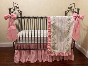 Baby Girl White and Light Pink with Floral Stripes Crib Bedding, Crib Rail Cover, Gathered Crib Skirt