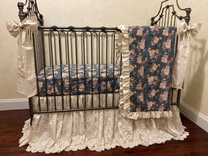 Vintage Floral Blue Green with Lace Crib Bedding, Girl Crib Bedding, Floral Baby Bedding