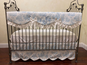 Blue Toile Crib Bedding, Toile Baby Bedding, Scalloped Crib Rail Cover, Scallop Crib Skirt