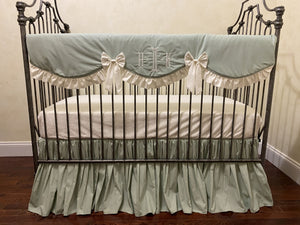 Soft Sage Green and Ivory Baby Girl Crib Bedding, Crib Rail Cover, Gathered Crib Skirt