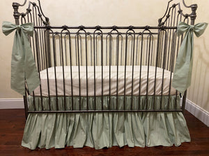 Soft Sage Green and Ivory Baby Girl Crib Bedding, Crib Rail Cover, Gathered Crib Skirt