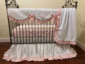 White and Pale Pink Girl Baby Bedding - Girl Crib Bedding, Crib Rail Cover