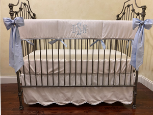 White and Pale Blue Baby Bedding - Baby Boy Crib Bedding, Crib Rail Cover, Scalloped Crib Skirt