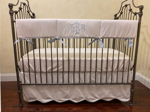 White and Pale Blue Baby Bedding - Baby Boy Crib Bedding, Crib Rail Cover, Scalloped Crib Skirt
