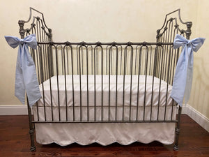 White and Pale Blue Baby Bedding - Baby Boy Crib Bedding, Crib Rail Cover, Scalloped Crib Skirt