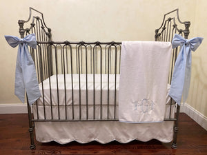 White and Pale Blue Baby Bedding - Baby Boy Crib Bedding, Crib Rail Cover, Scalloped Crib Skirt