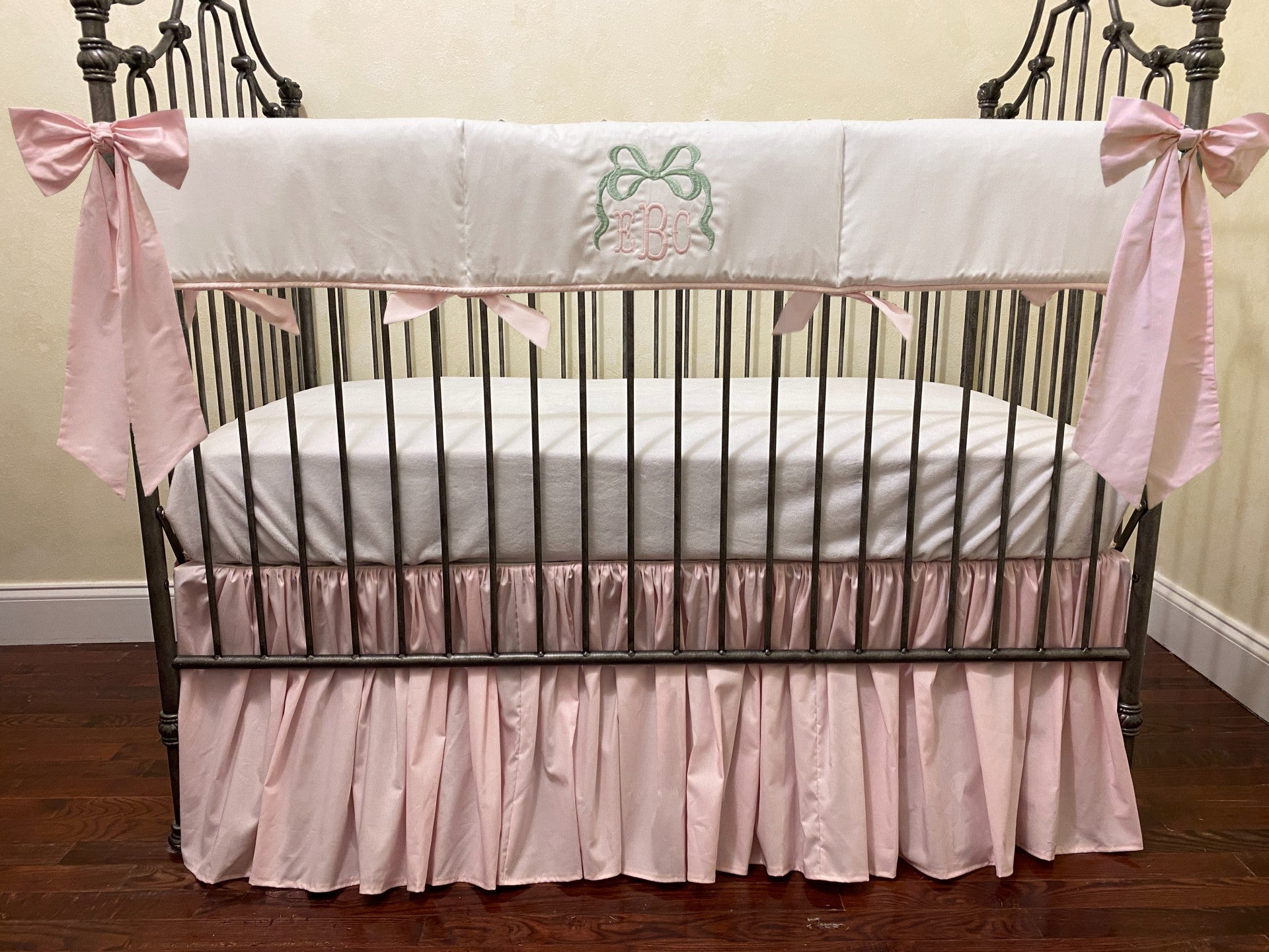 Pale Pink and White with Sage Bow Crib Bedding, Baby Girl Crib Bedding