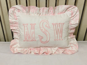 White and Toile Appliqued Accent Pillow with Monogram - Blue, Pink, Green, Lavender Toile