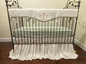 Ivory with Sage Gender Neutral Crib Bedding, Boy Crib Bedding, Ivory Crib Rail Cover, Ivory Crib Skirt