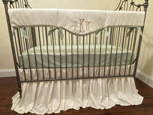 Ivory with Sage Gender Neutral Crib Bedding, Boy Crib Bedding, Ivory Crib Rail Cover, Ivory Crib Skirt