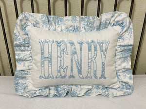 White and Toile Personalized Pillow with Appliqued Name - Blue, Pink, Green, Lavender Toile