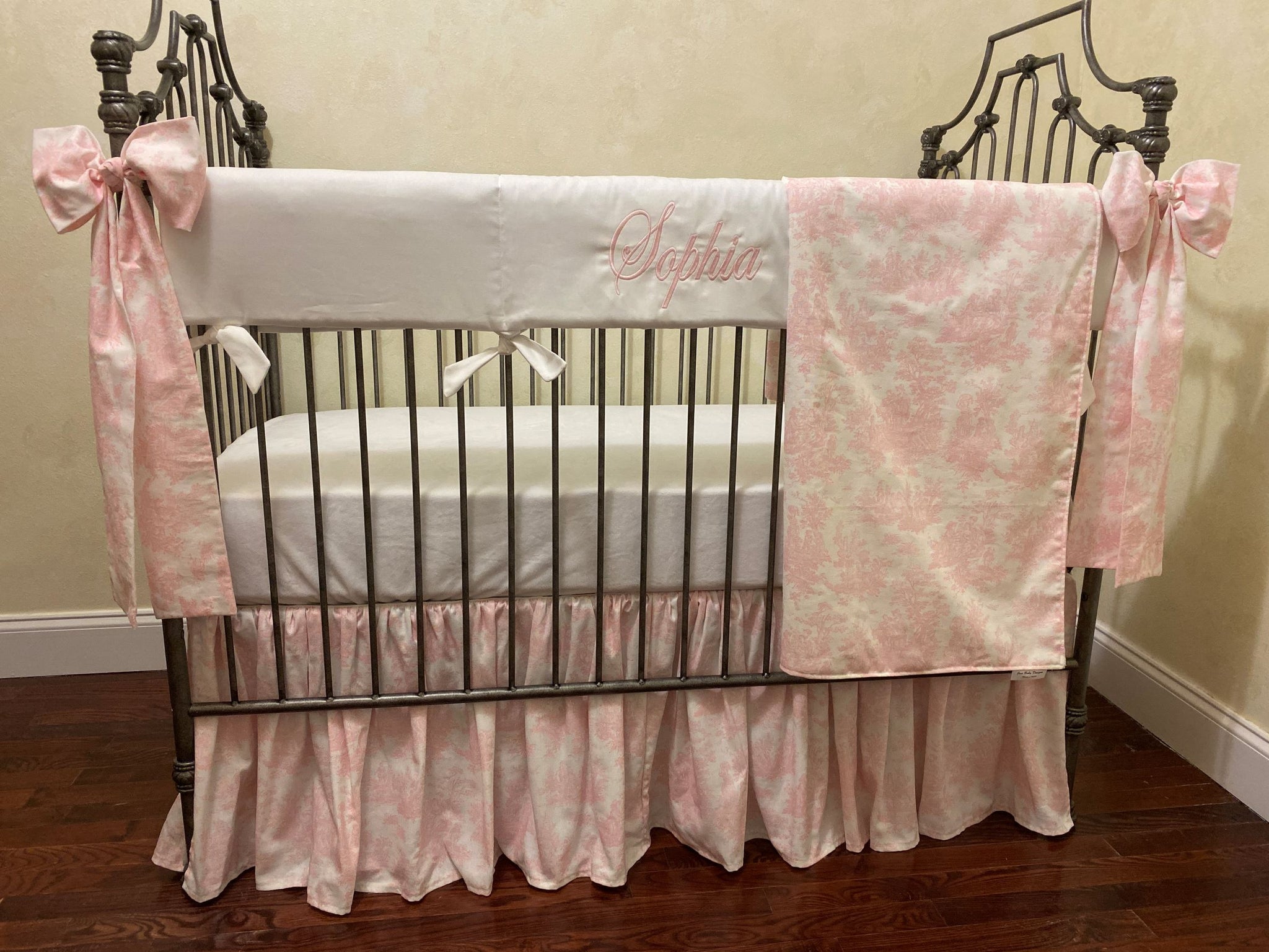 Pink Toile Crib Bedding, Girl Baby Bedding, Crib Rail Cover, Gathered Crib Skirt