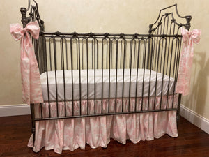 Pink Toile Crib Bedding, Girl Baby Bedding, Scalloped Crib Rail Cover, Gathered Crib Skirt