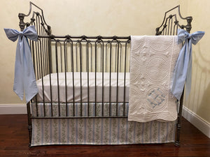 Blue & Green Floral Stripes Baby Crib Bedding, Crib Rail Cover, Libby Stripe Crib Skirt