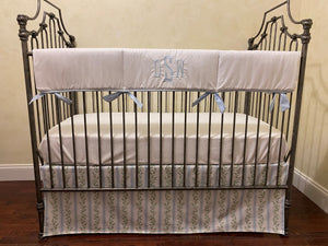 Blue & Green Floral Stripes Baby Crib Bedding, Crib Rail Cover, Libby Stripe Crib Skirt