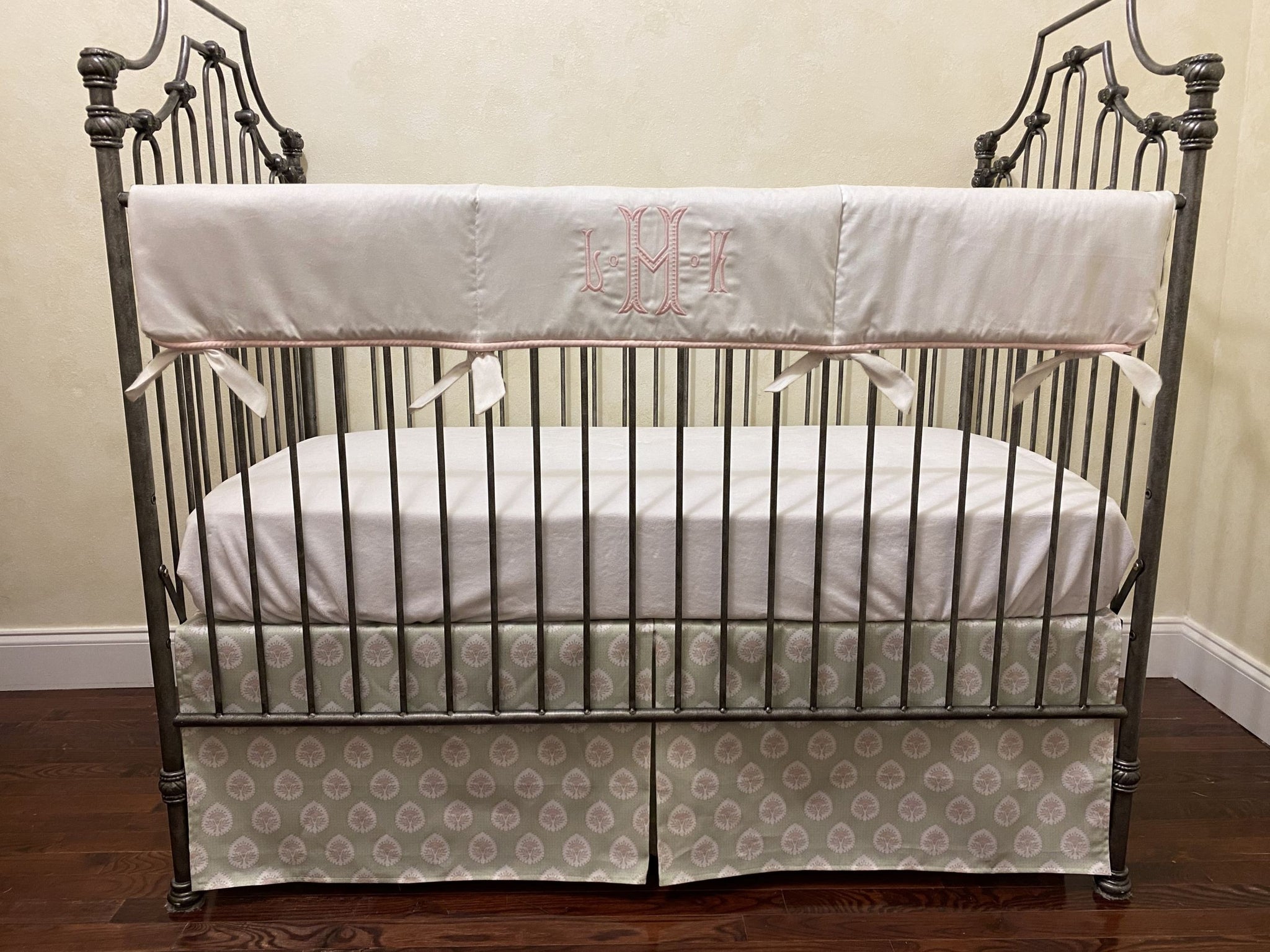 Green & Pink Baby Girl Crib Bedding, Crib Rail Cover, Daphne Crib Skirt, Personalized Baby Quilt