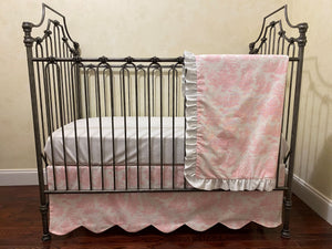 Pink Toile Crib Bedding, Toile Baby Bedding, Scalloped Crib Rail Cover, Scallop Crib Skirt