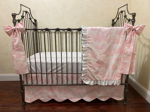Pink Toile Crib Bedding, Toile Baby Bedding, Scalloped Crib Rail Cover, Scallop Crib Skirt